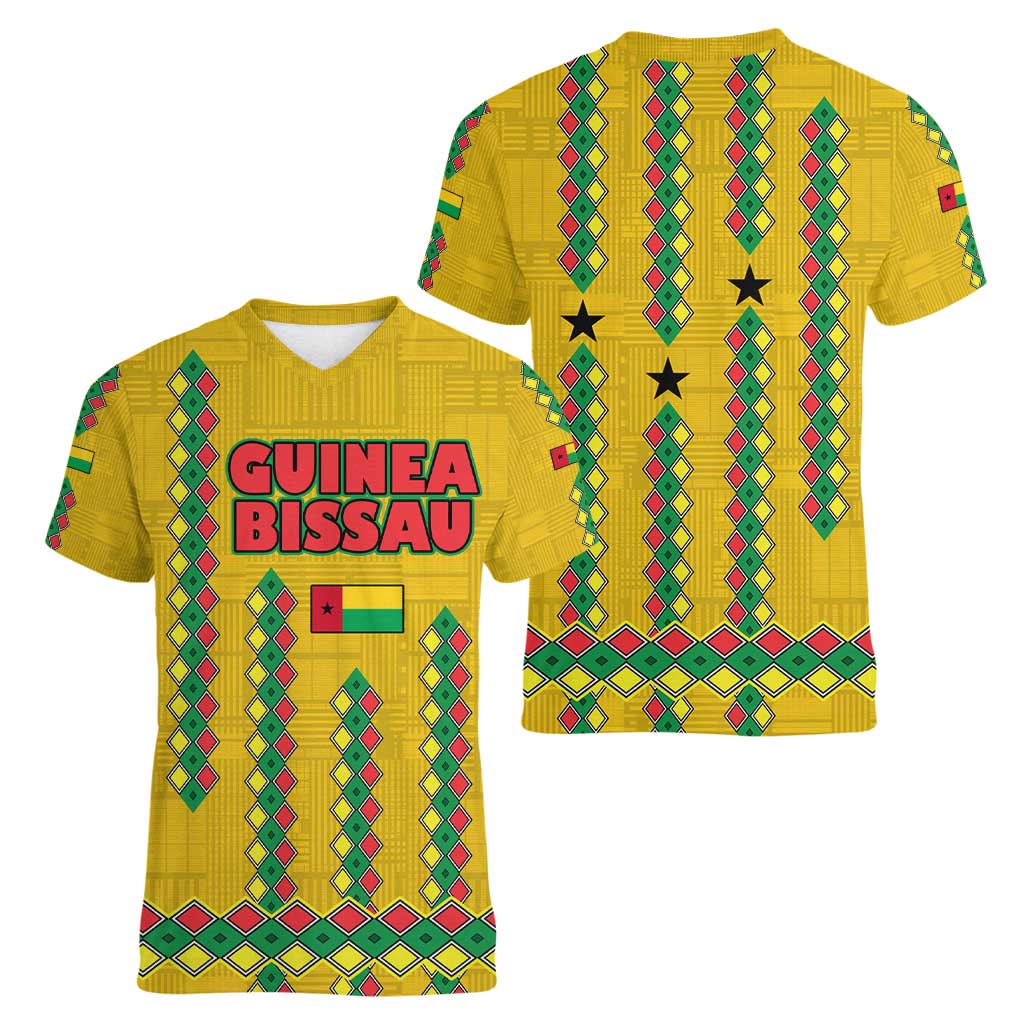 Guinea Bissau Women V-Neck T-Shirt with Yellow Tribal Geometric Design and National Flag - Wonder Print Shop
