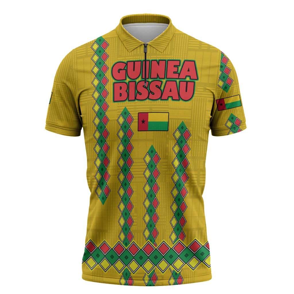 Guinea Bissau Zipper Polo Shirt with Yellow Tribal Geometric Design and National Flag - Wonder Print Shop