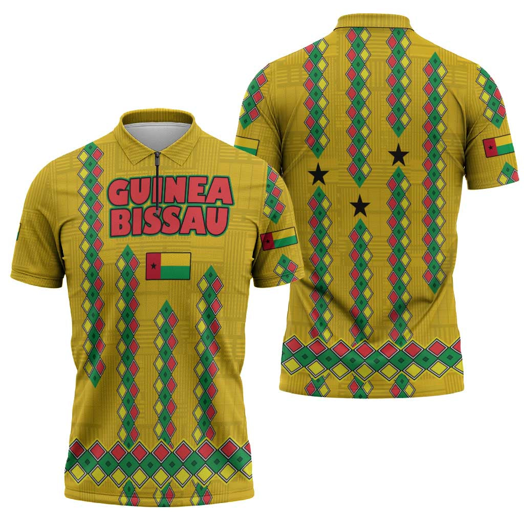 Guinea Bissau Zipper Polo Shirt with Yellow Tribal Geometric Design and National Flag - Wonder Print Shop