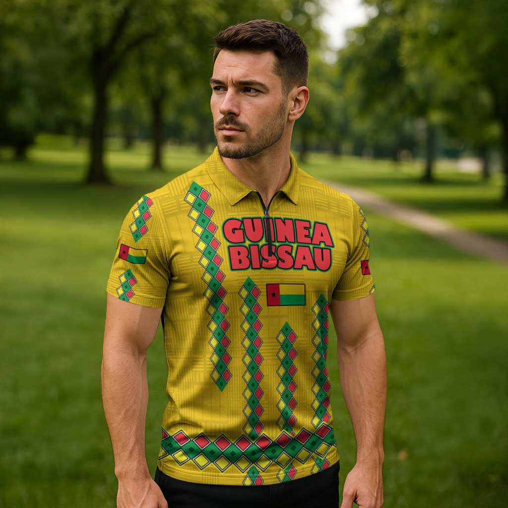 Guinea Bissau Zipper Polo Shirt with Yellow Tribal Geometric Design and National Flag - Wonder Print Shop