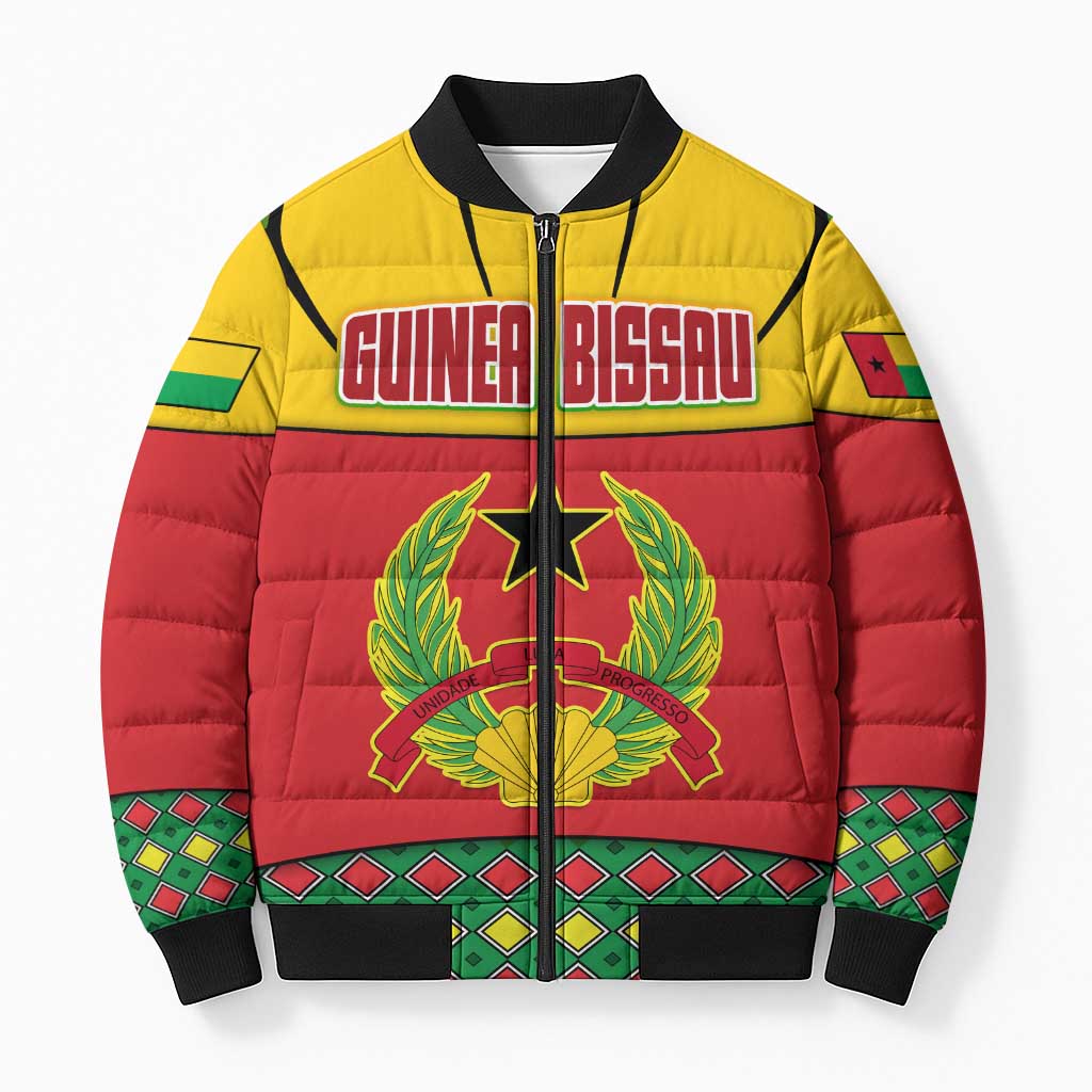 Guinea Bissau Bomber Puffer Jacket with Red Yellow Green Geometric Design - Wonder Print Shop