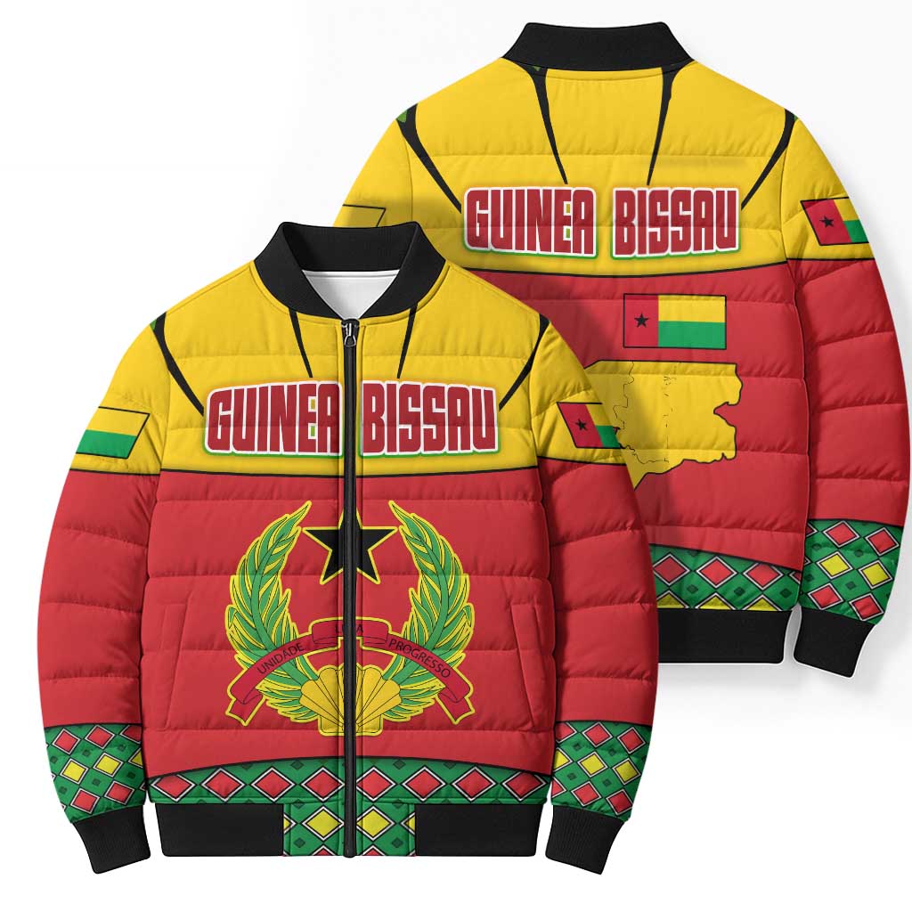 Guinea Bissau Bomber Puffer Jacket with Red Yellow Green Geometric Design - Wonder Print Shop
