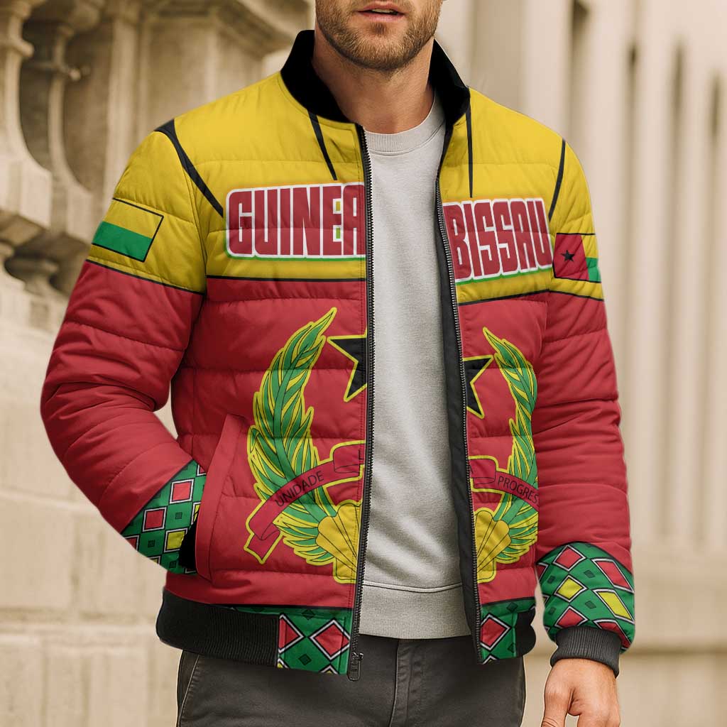 Guinea Bissau Bomber Puffer Jacket with Red Yellow Green Geometric Design - Wonder Print Shop