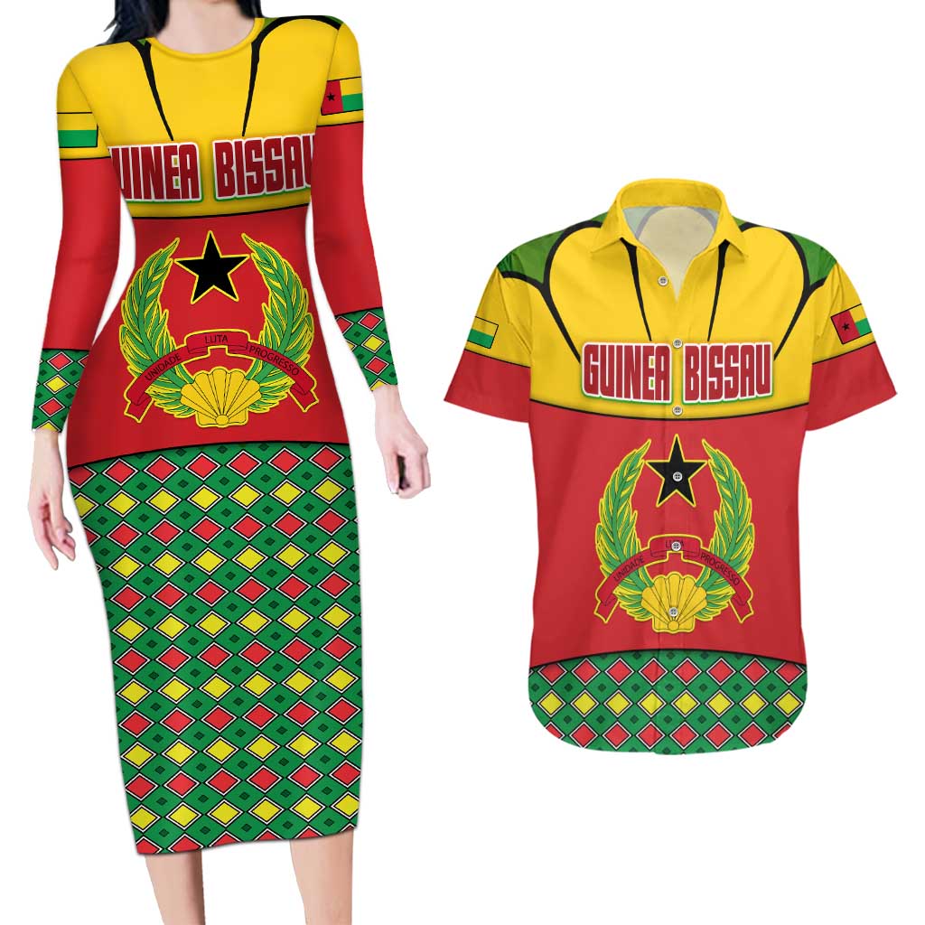 Guinea Bissau Couples Matching Long Sleeve Bodycon Dress and Hawaiian Shirt with Red Yellow Green Geometric Design - Wonder Print Shop