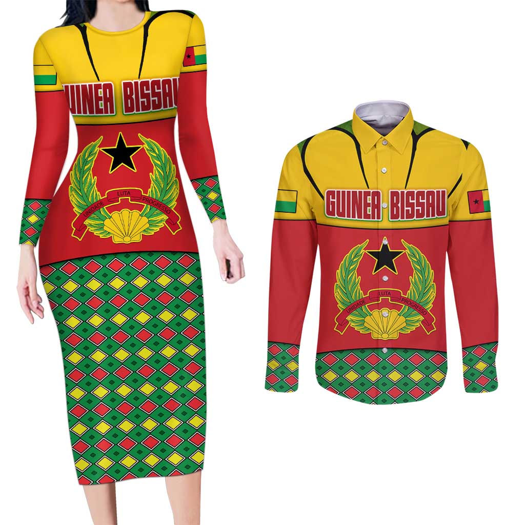 Guinea Bissau Couples Matching Long Sleeve Bodycon Dress and Long Sleeve Button Shirt with Red Yellow Green Geometric Design - Wonder Print Shop
