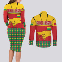 Guinea Bissau Couples Matching Long Sleeve Bodycon Dress and Long Sleeve Button Shirt with Red Yellow Green Geometric Design - Wonder Print Shop