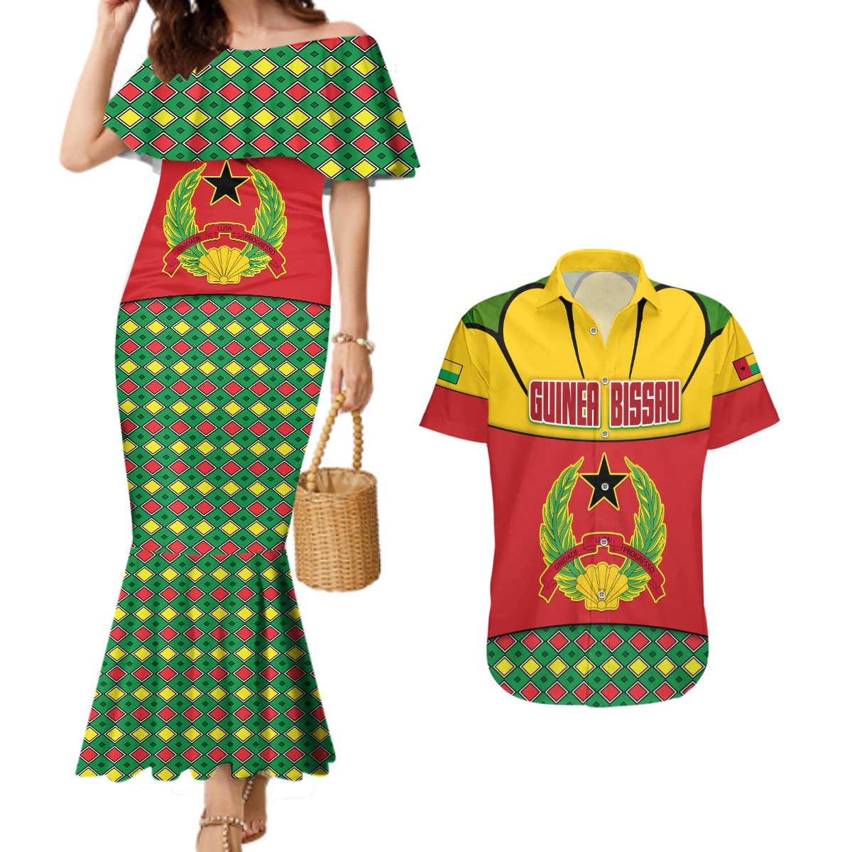 Guinea Bissau Couples Matching Mermaid Dress and Hawaiian Shirt with Red Yellow Green Geometric Design - Wonder Print Shop