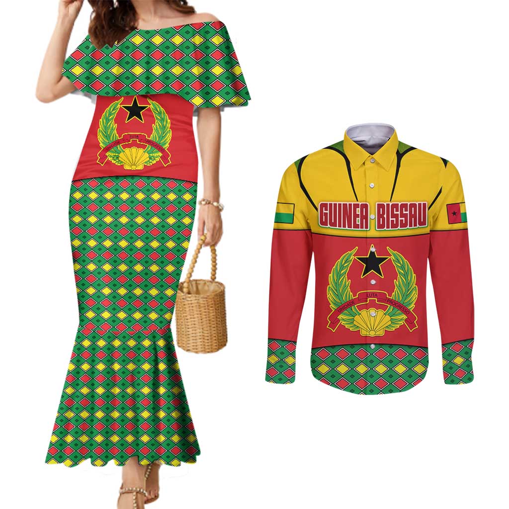 Guinea Bissau Couples Matching Mermaid Dress and Long Sleeve Button Shirt with Red Yellow Green Geometric Design - Wonder Print Shop