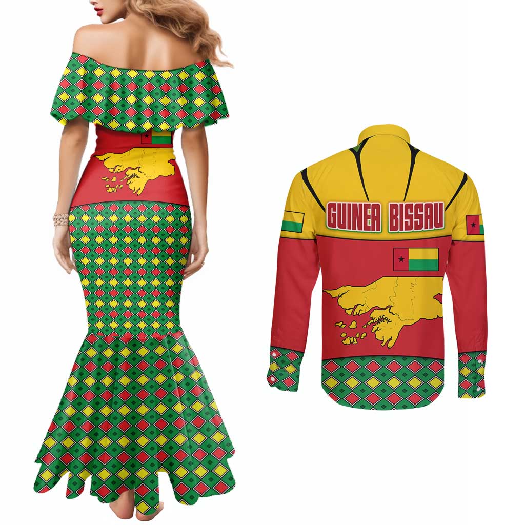 Guinea Bissau Couples Matching Mermaid Dress and Long Sleeve Button Shirt with Red Yellow Green Geometric Design - Wonder Print Shop