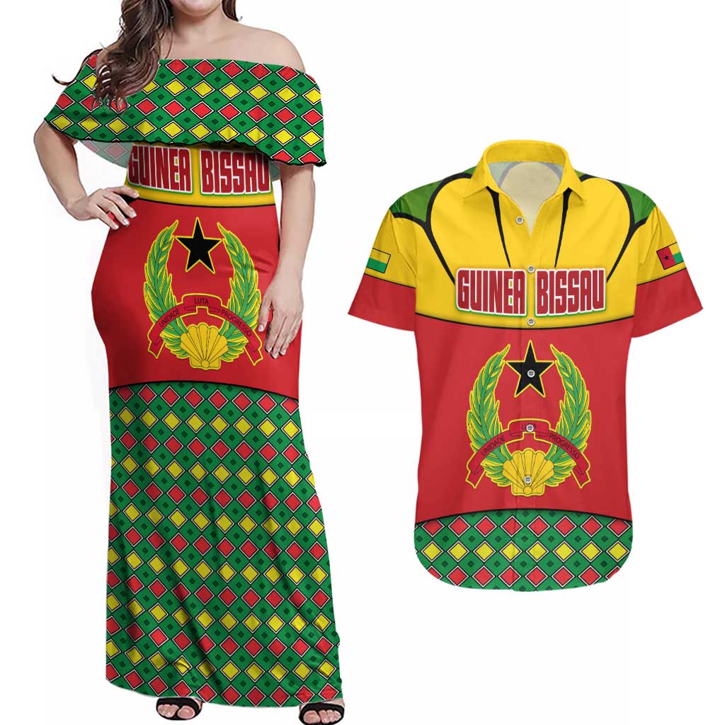 Guinea Bissau Couples Matching Off Shoulder Maxi Dress and Hawaiian Shirt with Red Yellow Green Geometric Design - Wonder Print Shop