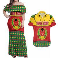 Guinea Bissau Couples Matching Off Shoulder Maxi Dress and Hawaiian Shirt with Red Yellow Green Geometric Design - Wonder Print Shop