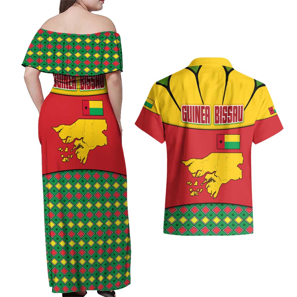 Guinea Bissau Couples Matching Off Shoulder Maxi Dress and Hawaiian Shirt with Red Yellow Green Geometric Design - Wonder Print Shop