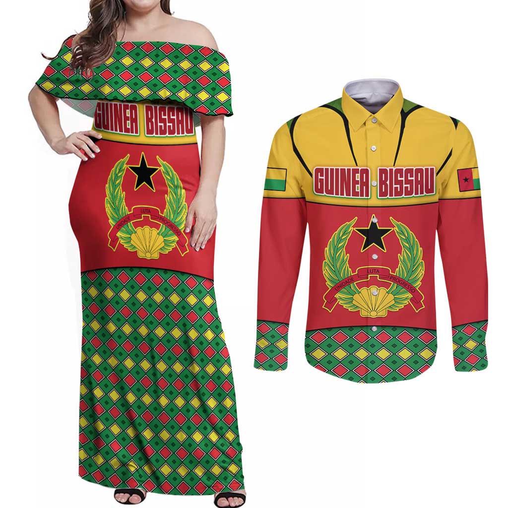 Guinea Bissau Couples Matching Off Shoulder Maxi Dress and Long Sleeve Button Shirt with Red Yellow Green Geometric Design - Wonder Print Shop