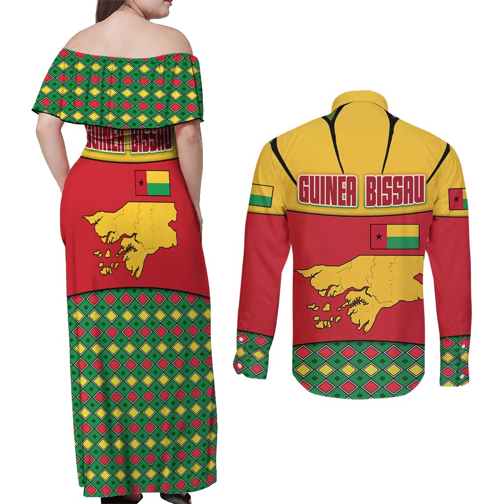 Guinea Bissau Couples Matching Off Shoulder Maxi Dress and Long Sleeve Button Shirt with Red Yellow Green Geometric Design - Wonder Print Shop