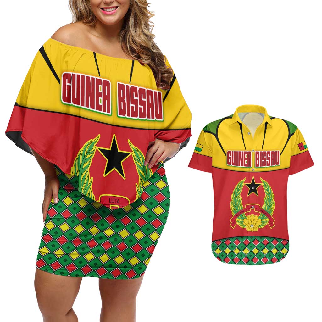 Guinea Bissau Couples Matching Off Shoulder Short Dress and Hawaiian Shirt with Red Yellow Green Geometric Design - Wonder Print Shop