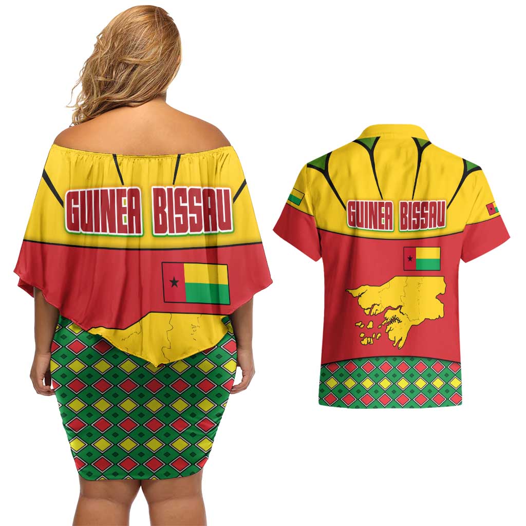 Guinea Bissau Couples Matching Off Shoulder Short Dress and Hawaiian Shirt with Red Yellow Green Geometric Design - Wonder Print Shop