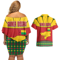 Guinea Bissau Couples Matching Off Shoulder Short Dress and Hawaiian Shirt with Red Yellow Green Geometric Design - Wonder Print Shop