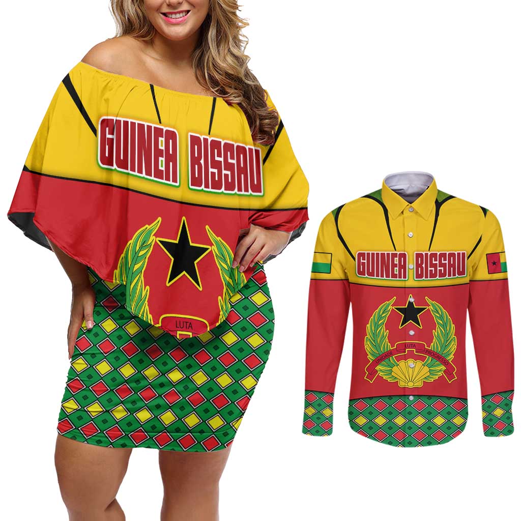 Guinea Bissau Couples Matching Off Shoulder Short Dress and Long Sleeve Button Shirt with Red Yellow Green Geometric Design - Wonder Print Shop
