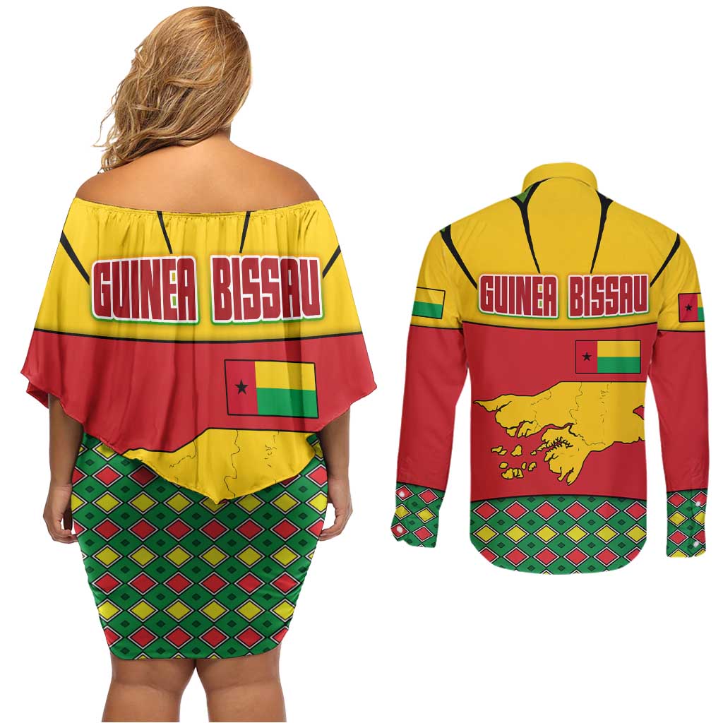 Guinea Bissau Couples Matching Off Shoulder Short Dress and Long Sleeve Button Shirt with Red Yellow Green Geometric Design - Wonder Print Shop