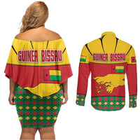 Guinea Bissau Couples Matching Off Shoulder Short Dress and Long Sleeve Button Shirt with Red Yellow Green Geometric Design - Wonder Print Shop