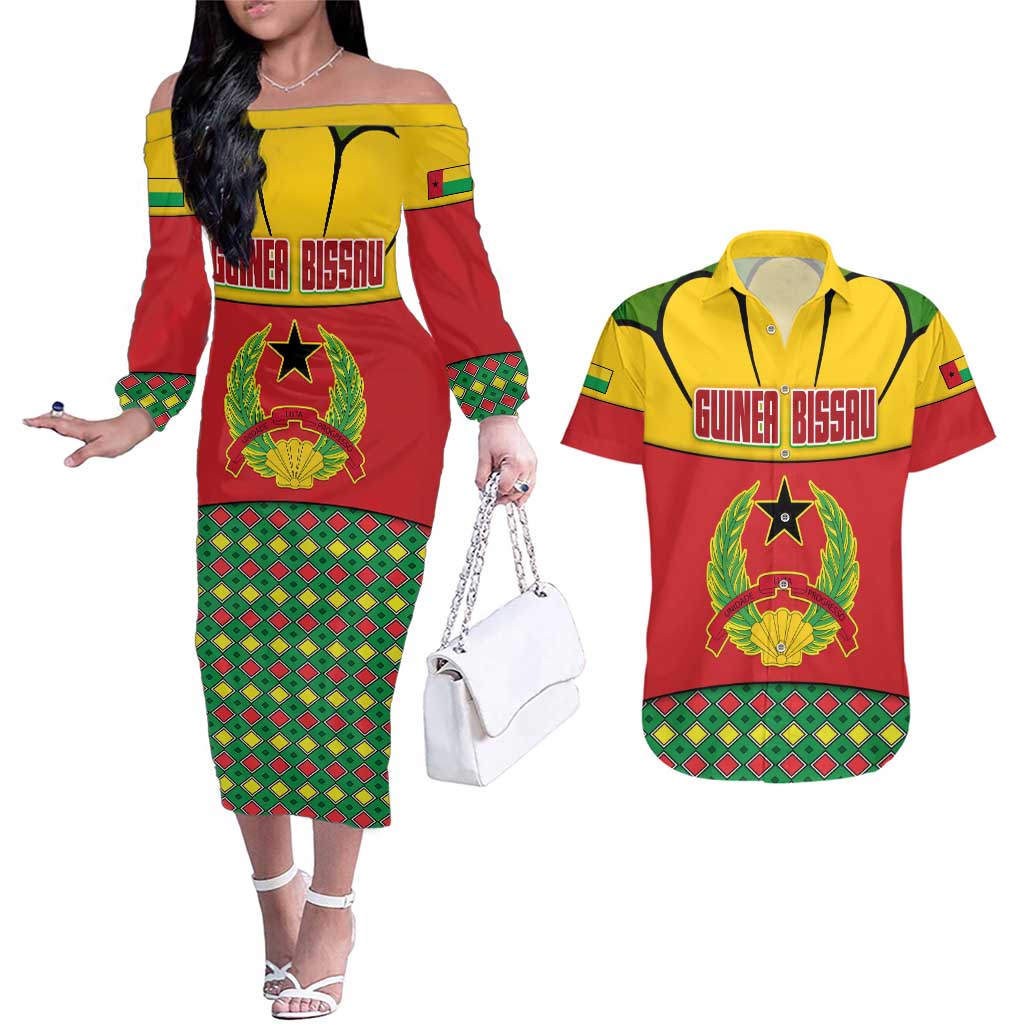 Guinea Bissau Couples Matching Off The Shoulder Long Sleeve Dress and Hawaiian Shirt with Red Yellow Green Geometric Design - Wonder Print Shop