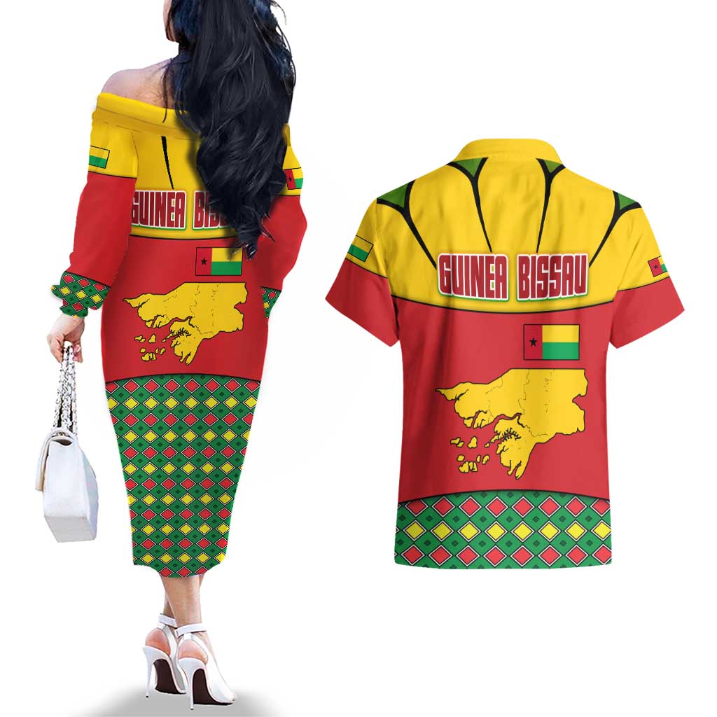 Guinea Bissau Couples Matching Off The Shoulder Long Sleeve Dress and Hawaiian Shirt with Red Yellow Green Geometric Design - Wonder Print Shop
