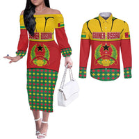 Guinea Bissau Couples Matching Off The Shoulder Long Sleeve Dress and Long Sleeve Button Shirt with Red Yellow Green Geometric Design - Wonder Print Shop