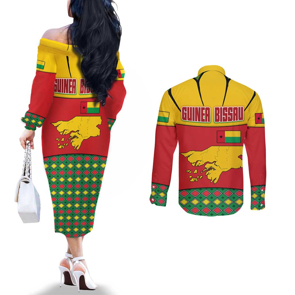 Guinea Bissau Couples Matching Off The Shoulder Long Sleeve Dress and Long Sleeve Button Shirt with Red Yellow Green Geometric Design - Wonder Print Shop