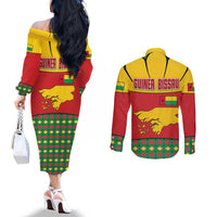 Guinea Bissau Couples Matching Off The Shoulder Long Sleeve Dress and Long Sleeve Button Shirt with Red Yellow Green Geometric Design - Wonder Print Shop