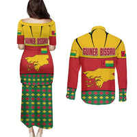 Guinea Bissau Couples Matching Puletasi and Long Sleeve Button Shirt with Red Yellow Green Geometric Design - Wonder Print Shop