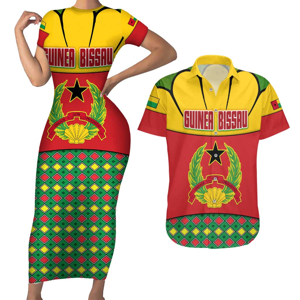 Guinea Bissau Couples Matching Short Sleeve Bodycon Dress and Hawaiian Shirt with Red Yellow Green Geometric Design - Wonder Print Shop