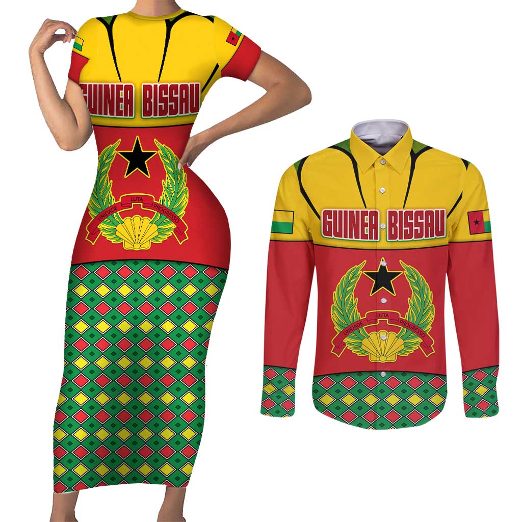 Guinea Bissau Couples Matching Short Sleeve Bodycon Dress and Long Sleeve Button Shirt with Red Yellow Green Geometric Design - Wonder Print Shop