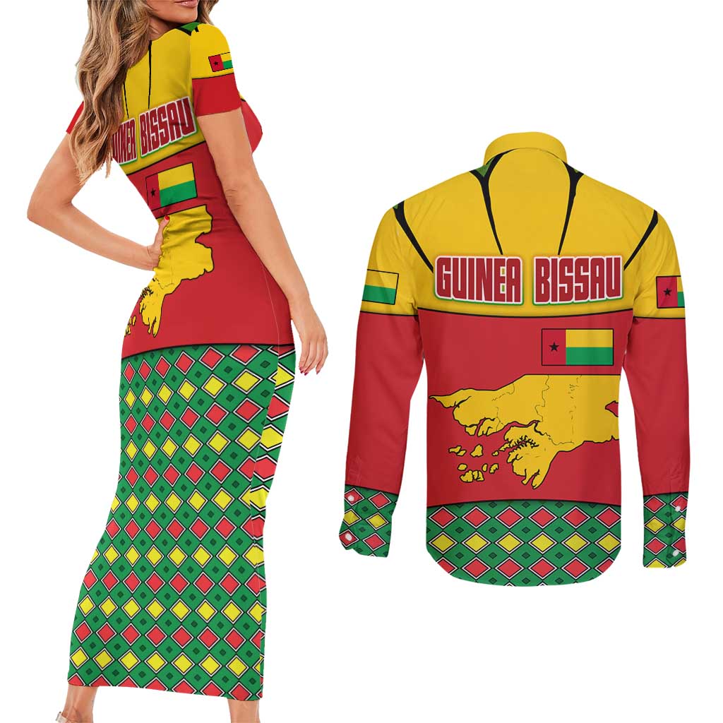 Guinea Bissau Couples Matching Short Sleeve Bodycon Dress and Long Sleeve Button Shirt with Red Yellow Green Geometric Design - Wonder Print Shop
