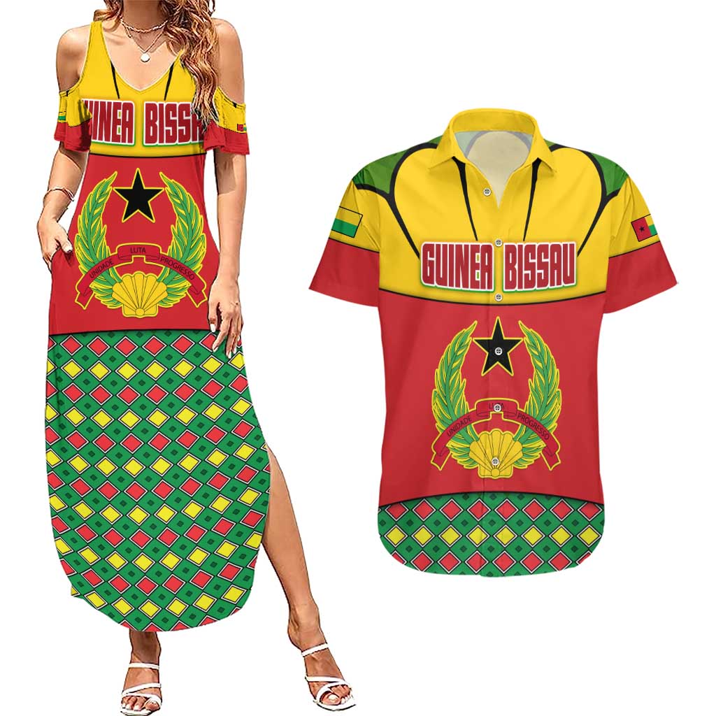 Guinea Bissau Couples Matching Summer Maxi Dress and Hawaiian Shirt with Red Yellow Green Geometric Design - Wonder Print Shop
