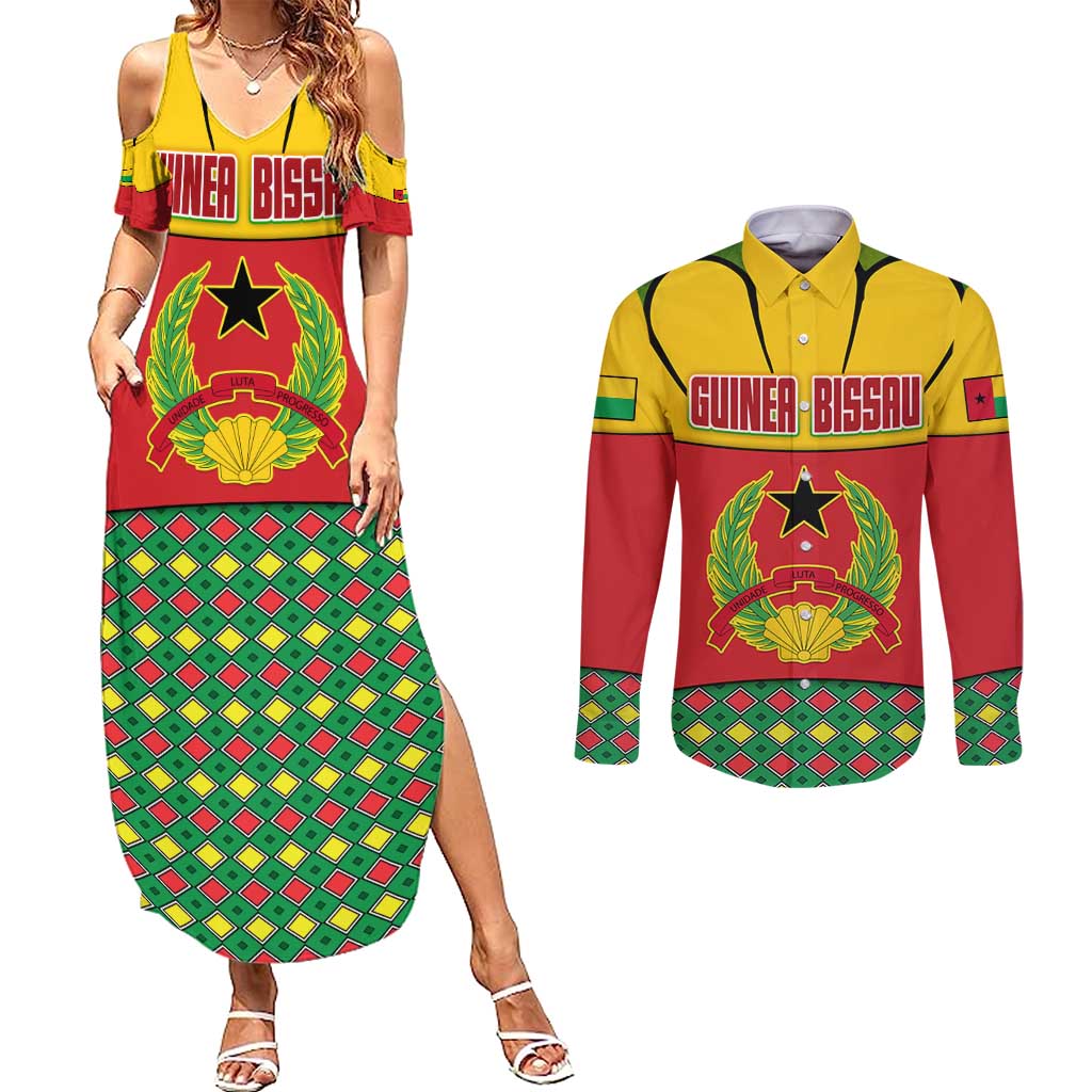 Guinea Bissau Couples Matching Summer Maxi Dress and Long Sleeve Button Shirt with Red Yellow Green Geometric Design - Wonder Print Shop