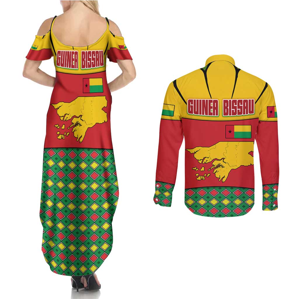 Guinea Bissau Couples Matching Summer Maxi Dress and Long Sleeve Button Shirt with Red Yellow Green Geometric Design - Wonder Print Shop
