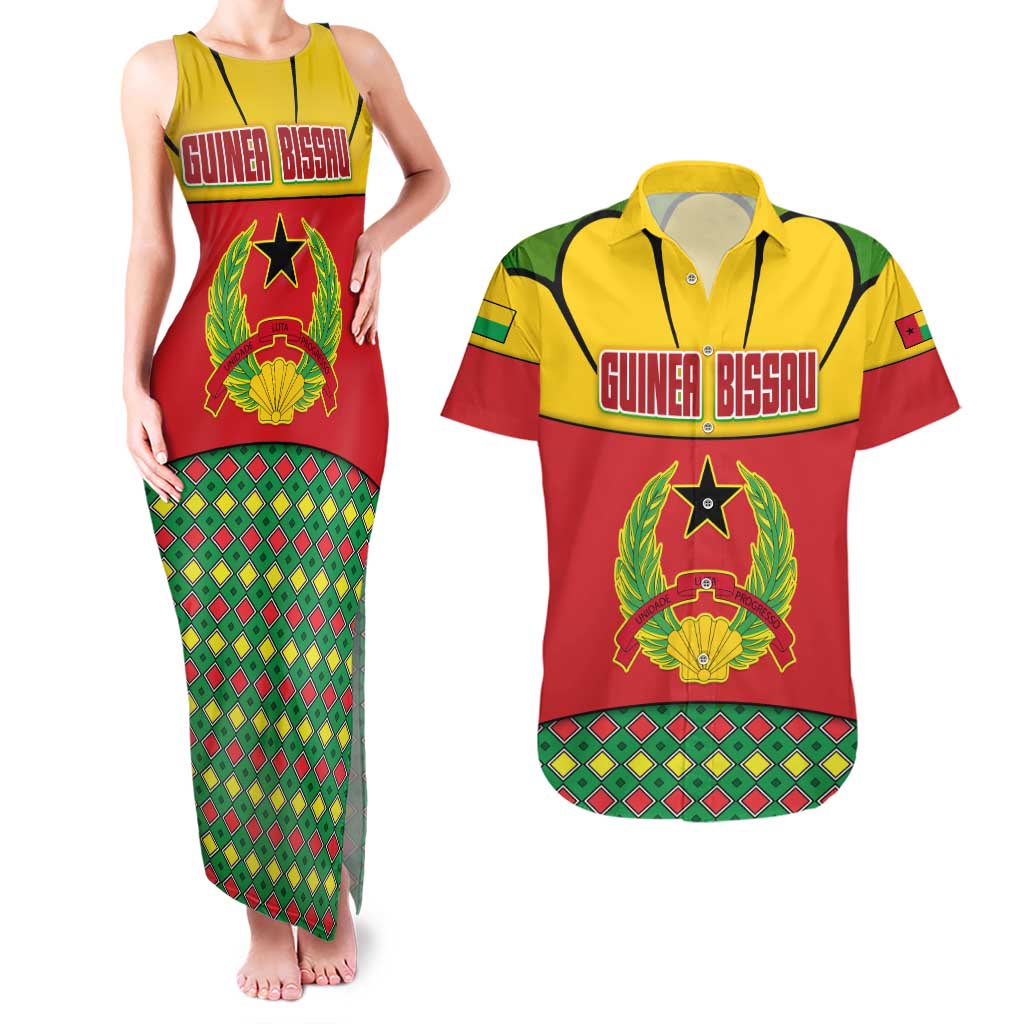 Guinea Bissau Couples Matching Tank Maxi Dress and Hawaiian Shirt with Red Yellow Green Geometric Design - Wonder Print Shop