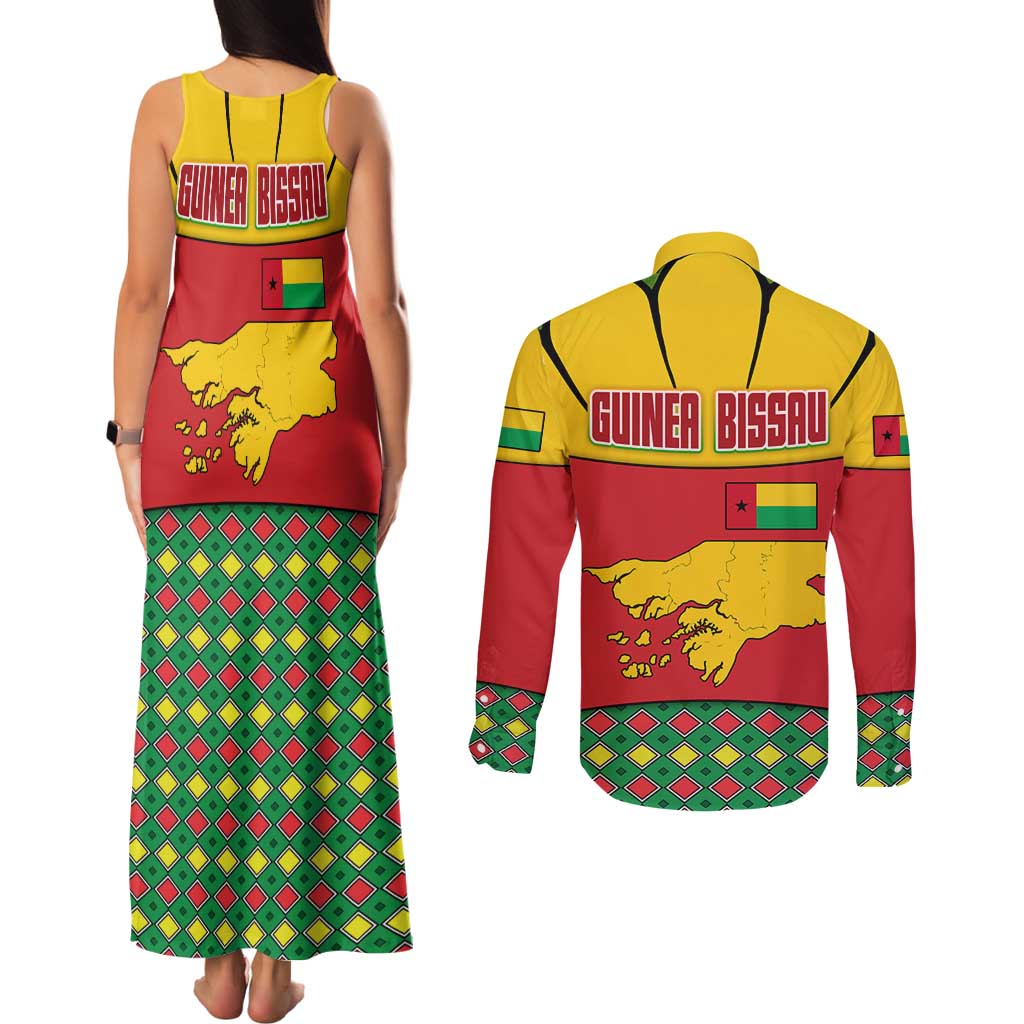 Guinea Bissau Couples Matching Tank Maxi Dress and Long Sleeve Button Shirt with Red Yellow Green Geometric Design - Wonder Print Shop