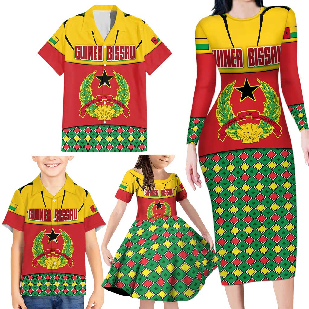 Guinea Bissau Family Matching Long Sleeve Bodycon Dress and Hawaiian Shirt with Red Yellow Green Geometric Design - Wonder Print Shop