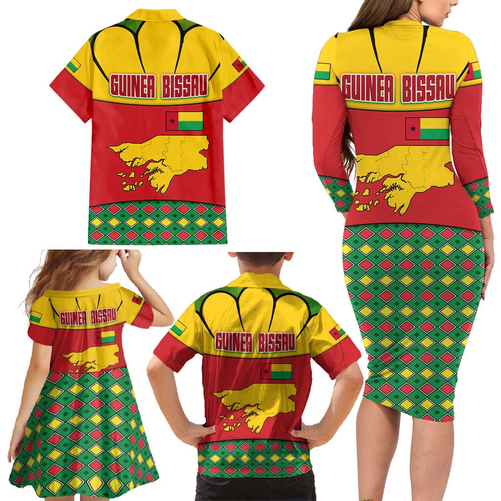 Guinea Bissau Family Matching Long Sleeve Bodycon Dress and Hawaiian Shirt with Red Yellow Green Geometric Design - Wonder Print Shop