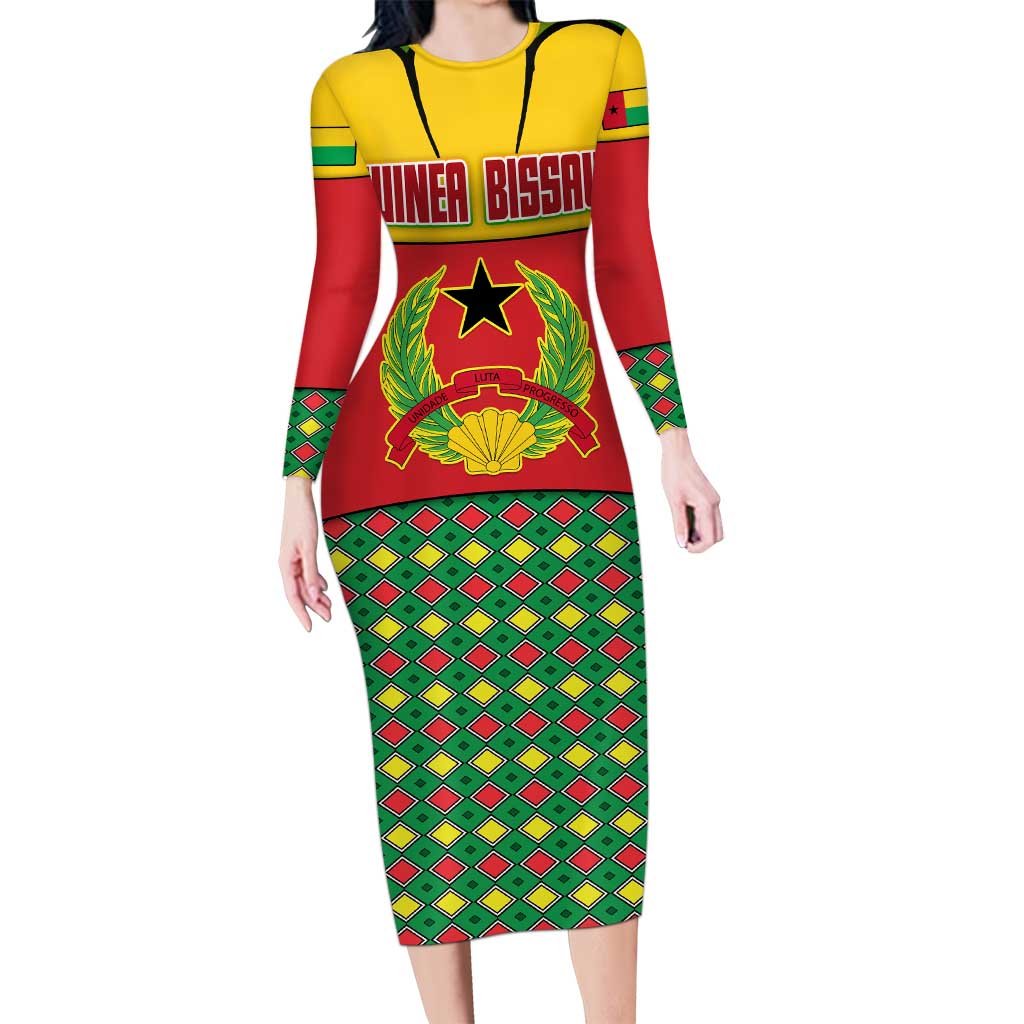 Guinea Bissau Family Matching Long Sleeve Bodycon Dress and Hawaiian Shirt with Red Yellow Green Geometric Design - Wonder Print Shop