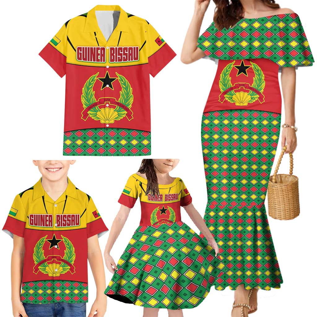 Guinea Bissau Family Matching Mermaid Dress and Hawaiian Shirt with Red Yellow Green Geometric Design - Wonder Print Shop