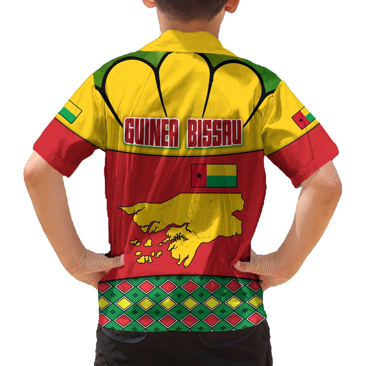 Guinea Bissau Family Matching Off The Shoulder Long Sleeve Dress and Hawaiian Shirt with Red Yellow Green Geometric Design - Wonder Print Shop