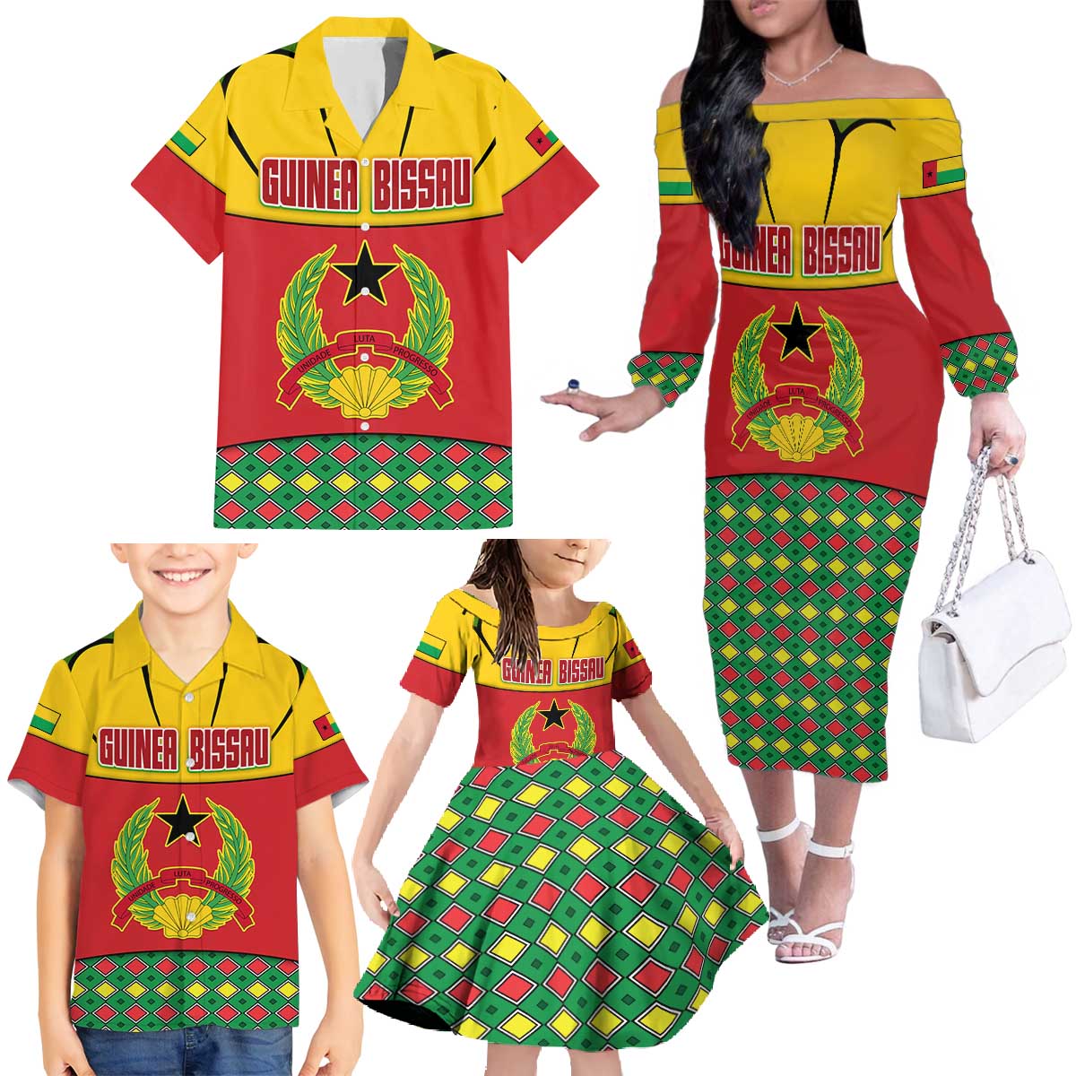 Guinea Bissau Family Matching Off The Shoulder Long Sleeve Dress and Hawaiian Shirt with Red Yellow Green Geometric Design - Wonder Print Shop