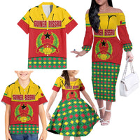 Guinea Bissau Family Matching Off The Shoulder Long Sleeve Dress and Hawaiian Shirt with Red Yellow Green Geometric Design - Wonder Print Shop