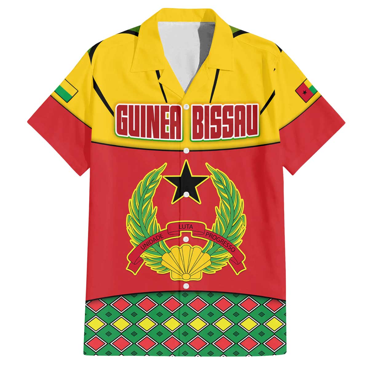 Guinea Bissau Family Matching Off The Shoulder Long Sleeve Dress and Hawaiian Shirt with Red Yellow Green Geometric Design - Wonder Print Shop