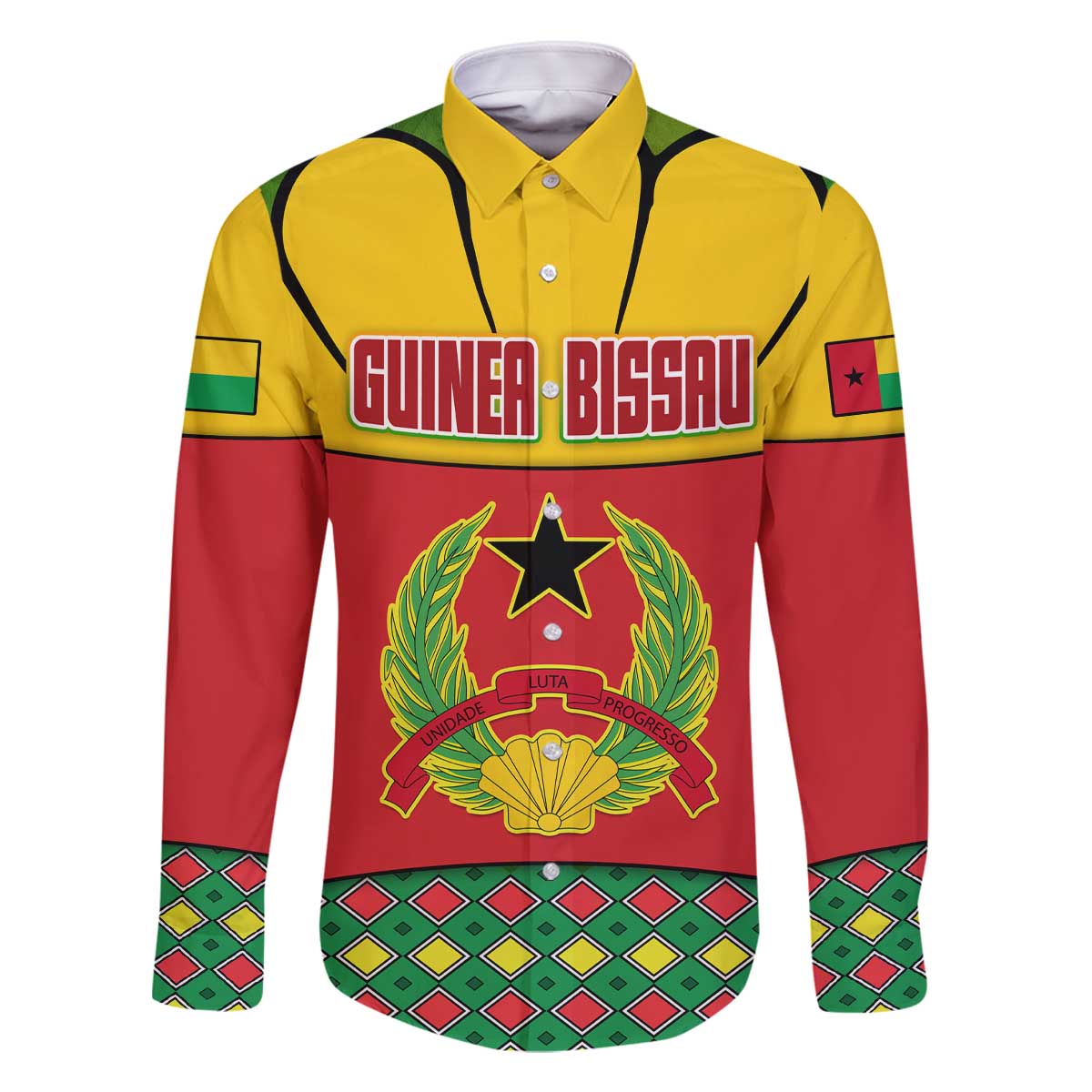 Guinea Bissau Family Matching Off The Shoulder Long Sleeve Dress and Hawaiian Shirt with Red Yellow Green Geometric Design - Wonder Print Shop