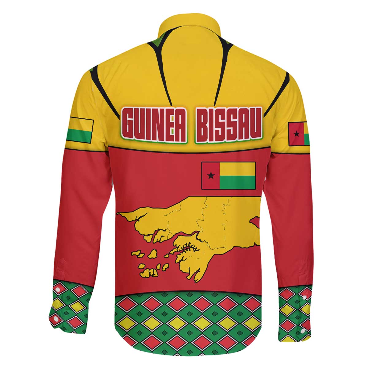 Guinea Bissau Family Matching Off The Shoulder Long Sleeve Dress and Hawaiian Shirt with Red Yellow Green Geometric Design - Wonder Print Shop