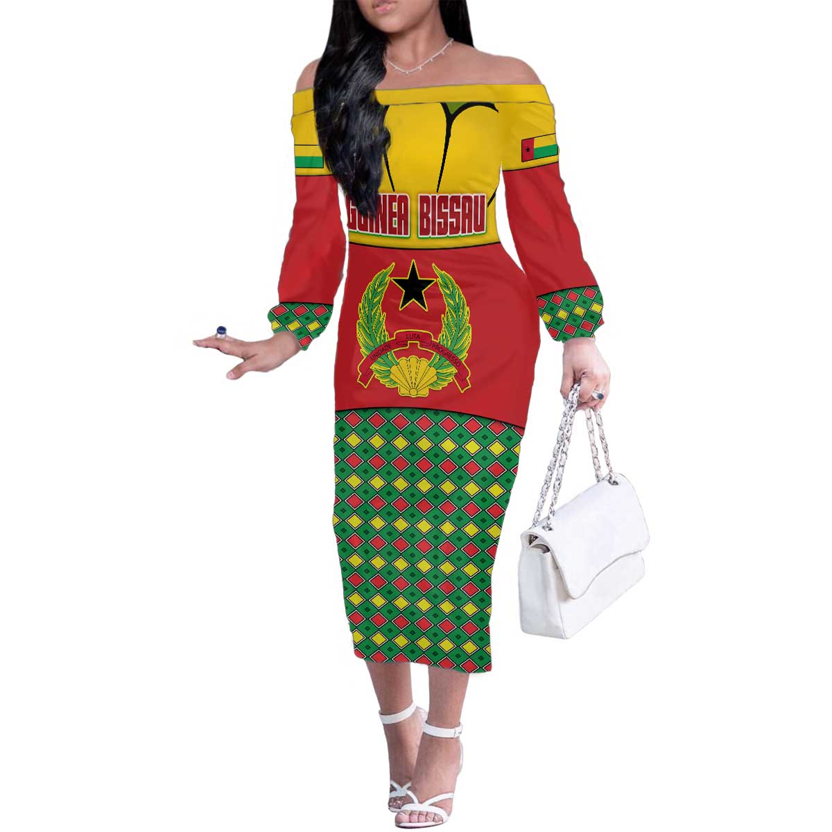 Guinea Bissau Family Matching Off The Shoulder Long Sleeve Dress and Hawaiian Shirt with Red Yellow Green Geometric Design - Wonder Print Shop