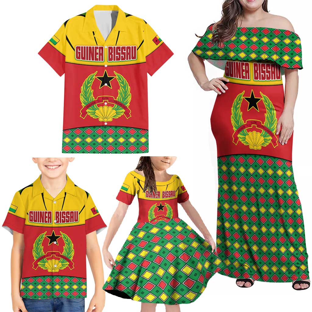 Guinea Bissau Family Matching Off Shoulder Maxi Dress and Hawaiian Shirt with Red Yellow Green Geometric Design - Wonder Print Shop